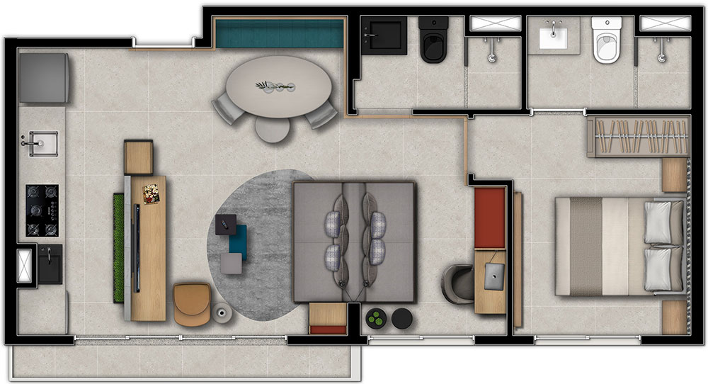 Planta Tipo - 2 dorms - 49m² - com opção de living ampliado