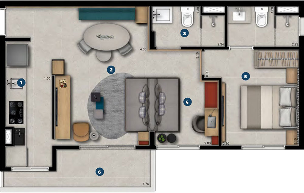 Planta Tipo - 2 dorms - 52m² - com opção de living ampliado